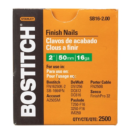 Bostitch Collated Finishing Nail, Steel, Coated Finish, 16 ga SB16-2.00